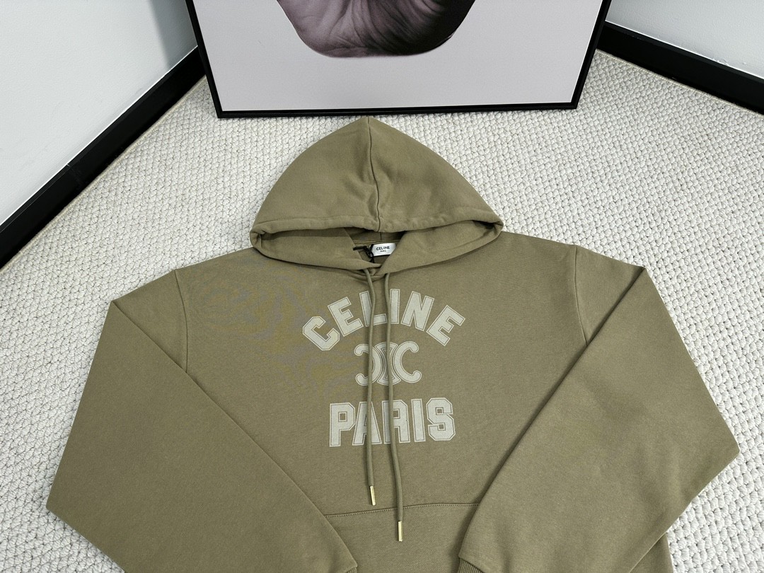 CELINE 赛琳 字母logo印花 连帽卫衣 长袖 秋冬款 男女同款 豆绿色 