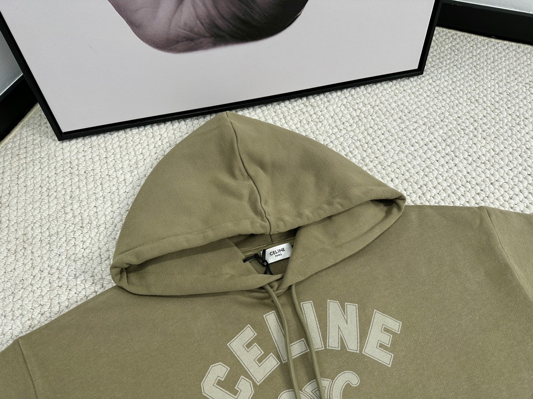 CELINE 赛琳 字母logo印花 连帽卫衣 长袖 秋冬款 男女同款 豆绿色 