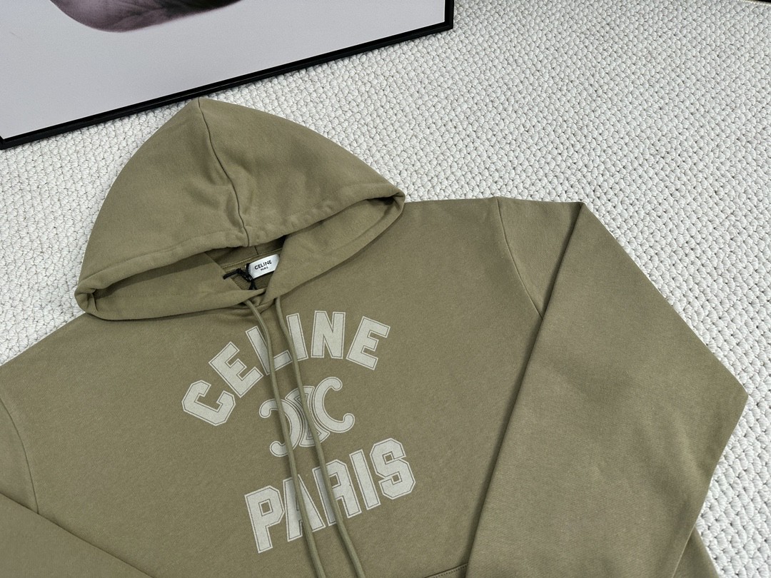 CELINE 赛琳 字母logo印花 连帽卫衣 长袖 秋冬款 男女同款 豆绿色 
