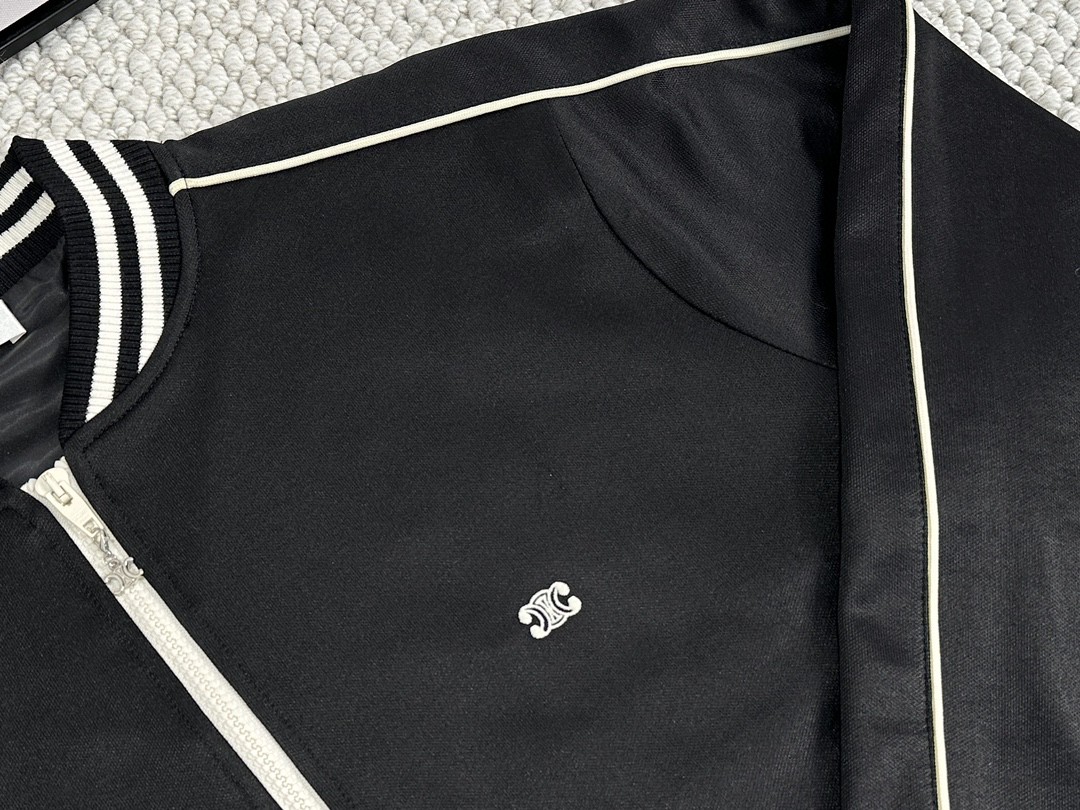 CELINE 赛琳 SS23 撞色条纹边饰拉链夹克 棒球服 外套 秋冬款 男女同款 黑色 2Y83C021W-31GO