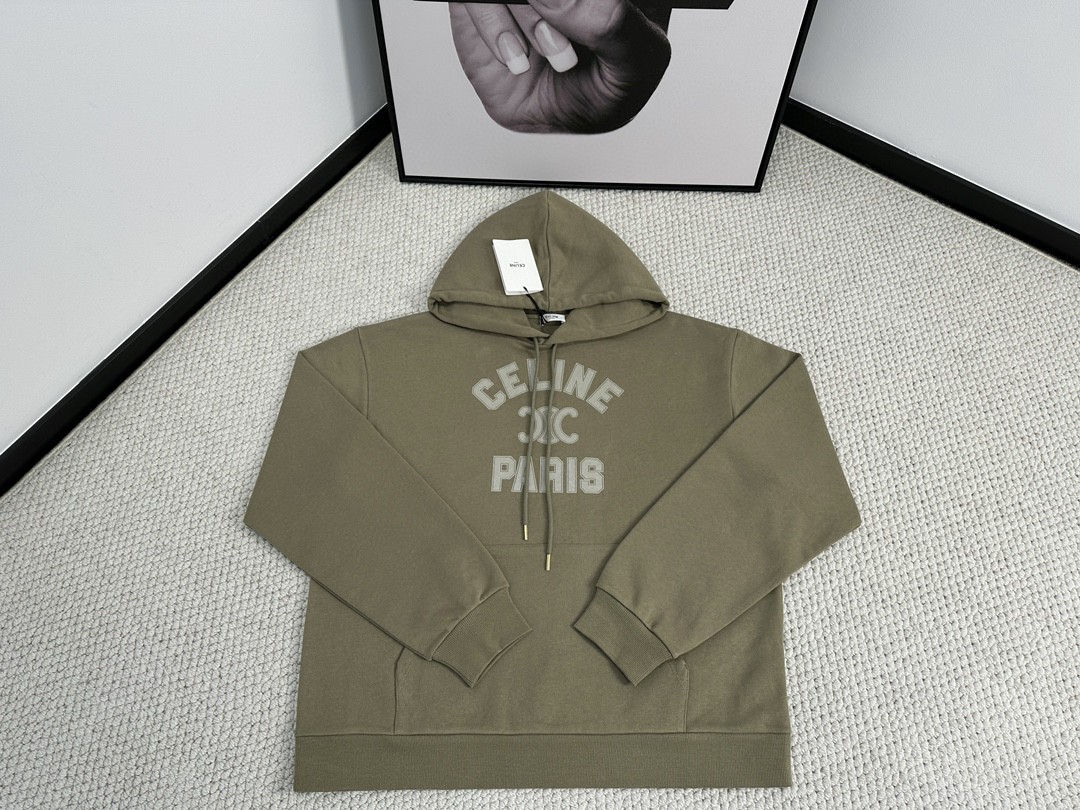 CELINE 赛琳 字母logo印花 连帽卫衣 长袖 秋冬款 男女同款 豆绿色 
