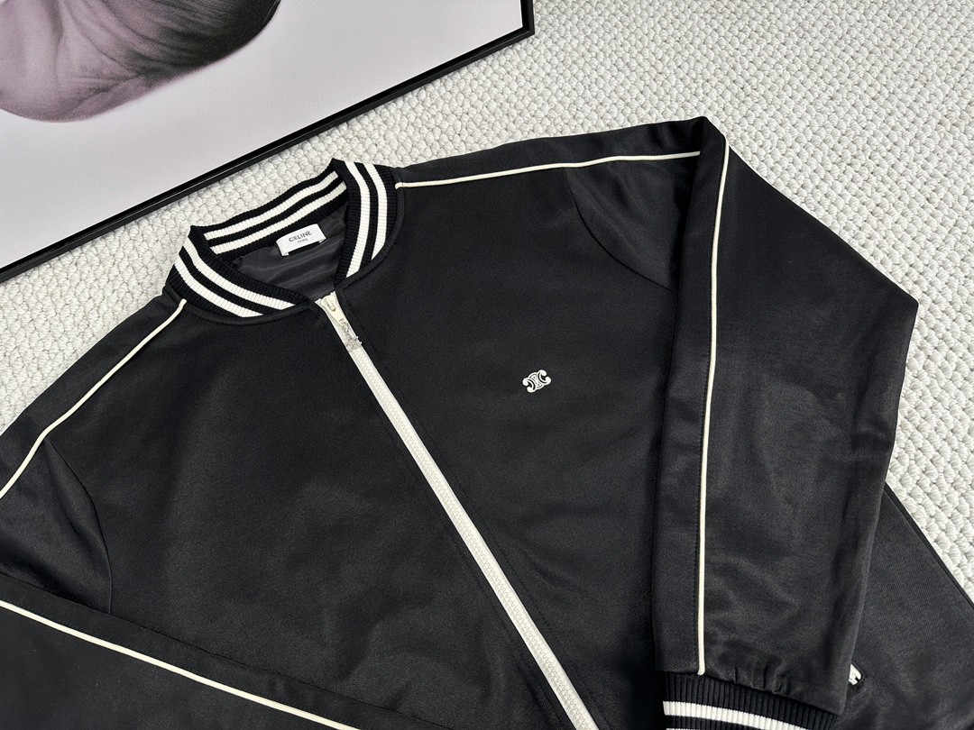 CELINE 赛琳 SS23 撞色条纹边饰拉链夹克 棒球服 外套 秋冬款 男女同款 黑色 2Y83C021W-31GO