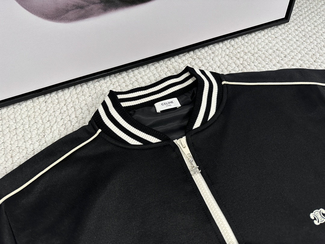CELINE 赛琳 SS23 撞色条纹边饰拉链夹克 棒球服 外套 秋冬款 男女同款 黑色 2Y83C021W-31GO