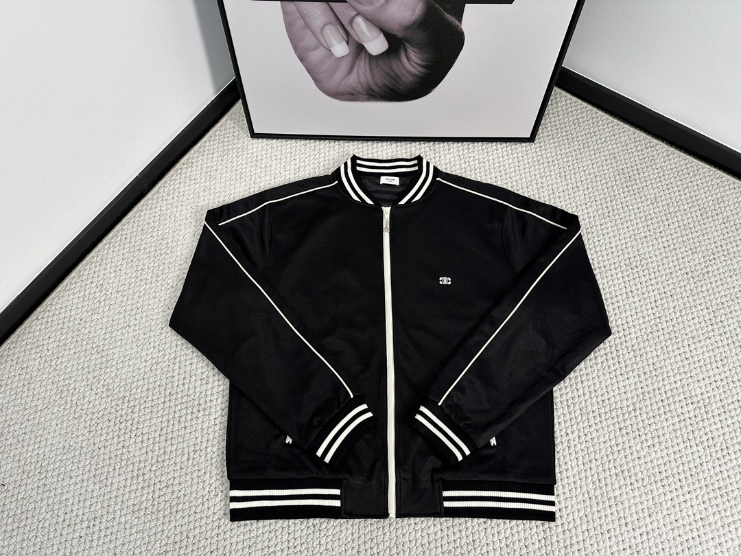 CELINE 赛琳 SS23 撞色条纹边饰拉链夹克 棒球服 外套 秋冬款 男女同款 黑色 2Y83C021W-31GO