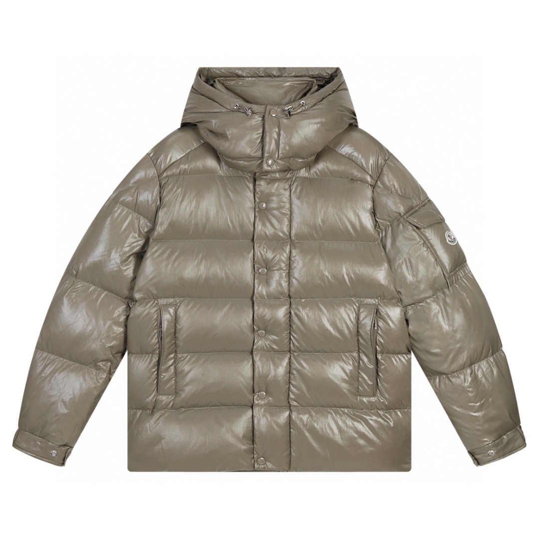 Moncler 蒙口 FW22 漆面拉链短款连帽羽绒服 保暖 外套 灰咖色 H20911A002565969T909