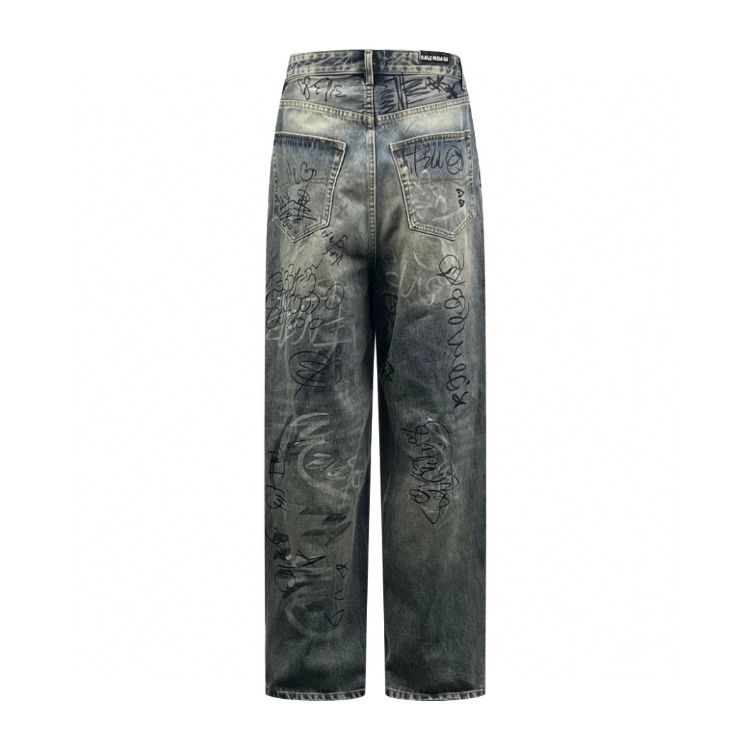 Balenciaga 巴黎世家 涂鸦手绘牛仔裤 长裤 蓝色 745223TNW014012