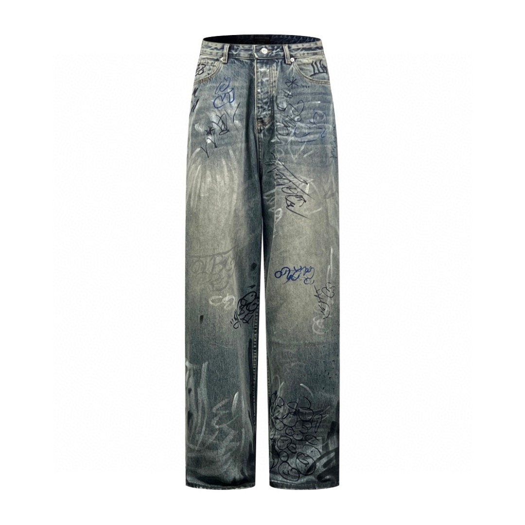 Balenciaga 巴黎世家 涂鸦手绘牛仔裤 长裤 蓝色 745223TNW014012