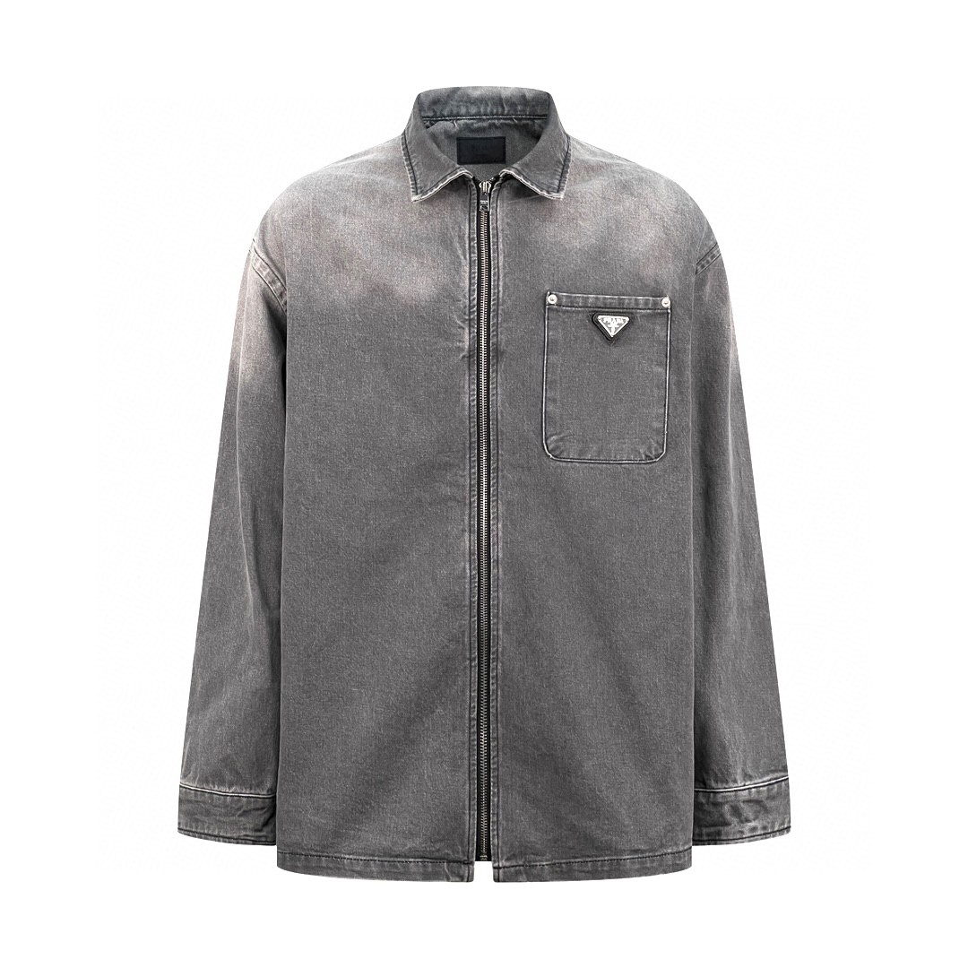 PRADA 普拉达 FW23 做旧Logo徽标拉链长袖衬衫 外套 男女同款 灰色 GEC086-13B4-F01AY-S-232