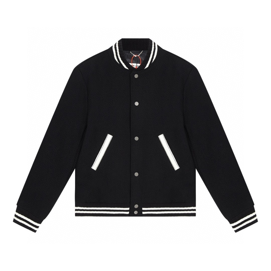 SAINT LAURENT 圣罗兰 后背字母印花羊毛夹克 棒球服 外套 秋冬款 黑色 625918Y180W1000