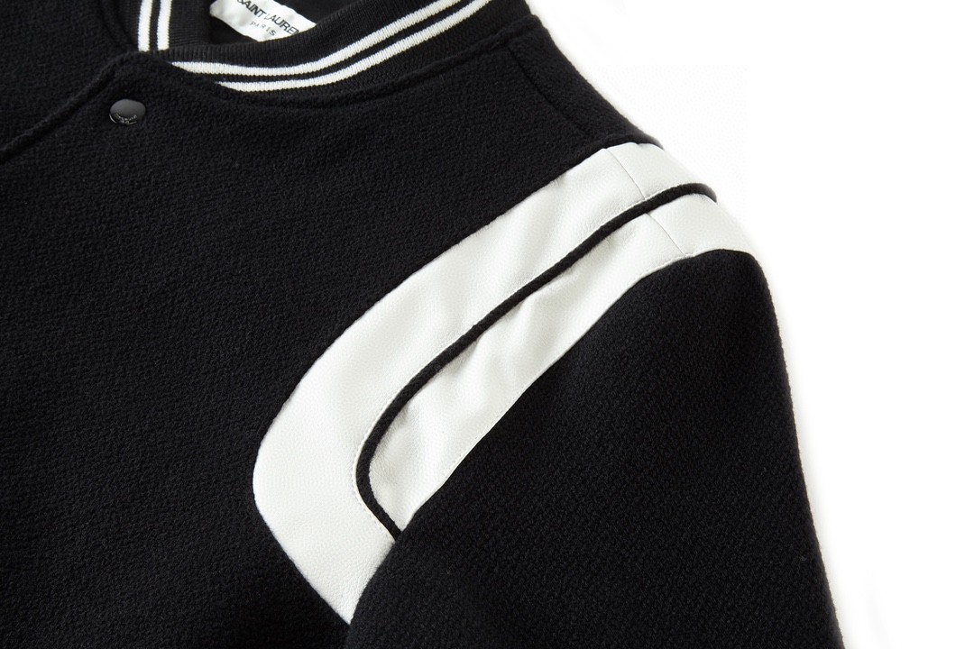 SAINT LAURENT 圣罗兰 真皮拼接羊毛夹克 棒球服 外套 秋冬款 黑色 354718Y180W1070