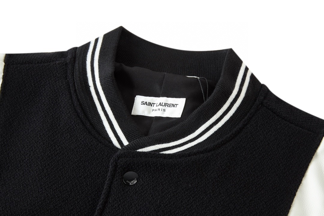 SAINT LAURENT 圣罗兰 真皮拼接羊毛夹克 棒球服 外套 秋冬款 黑色 354718Y180W1070