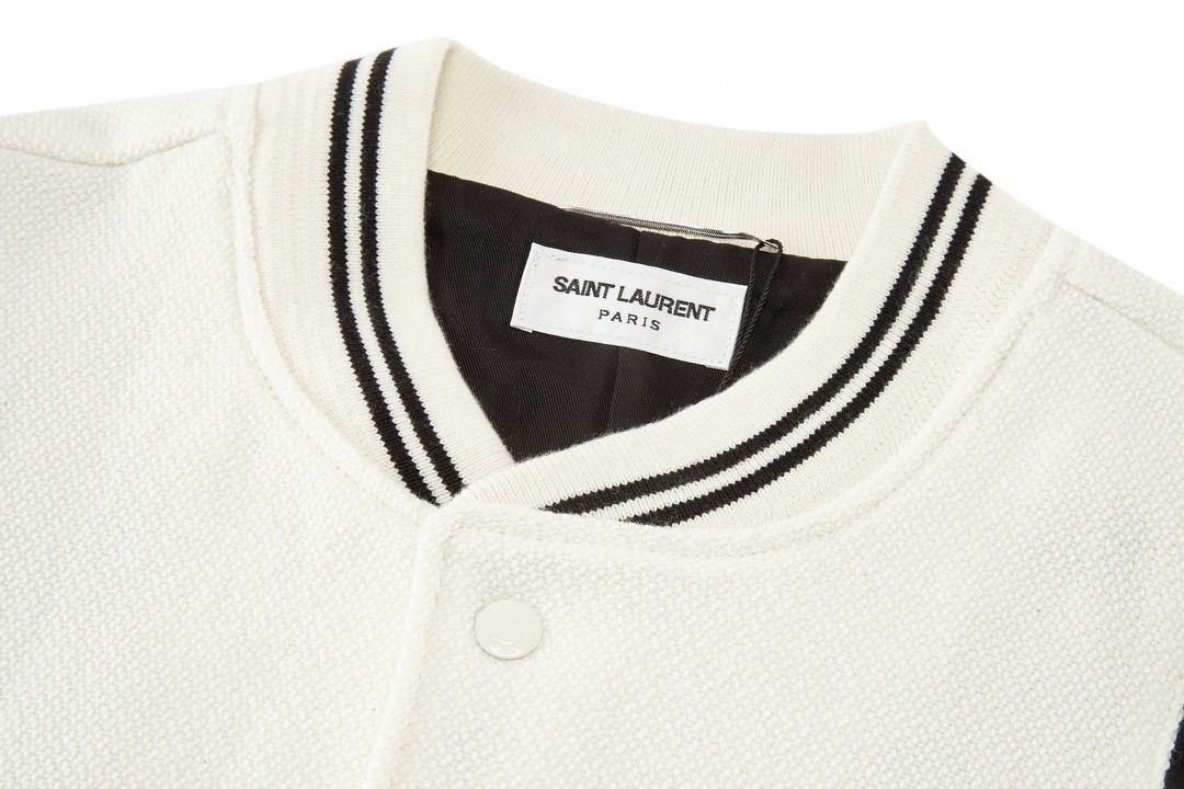 SAINT LAURENT 圣罗兰 真皮拼接羊毛夹克 棒球服 外套 秋冬款 白色 354718Y213Q9502
