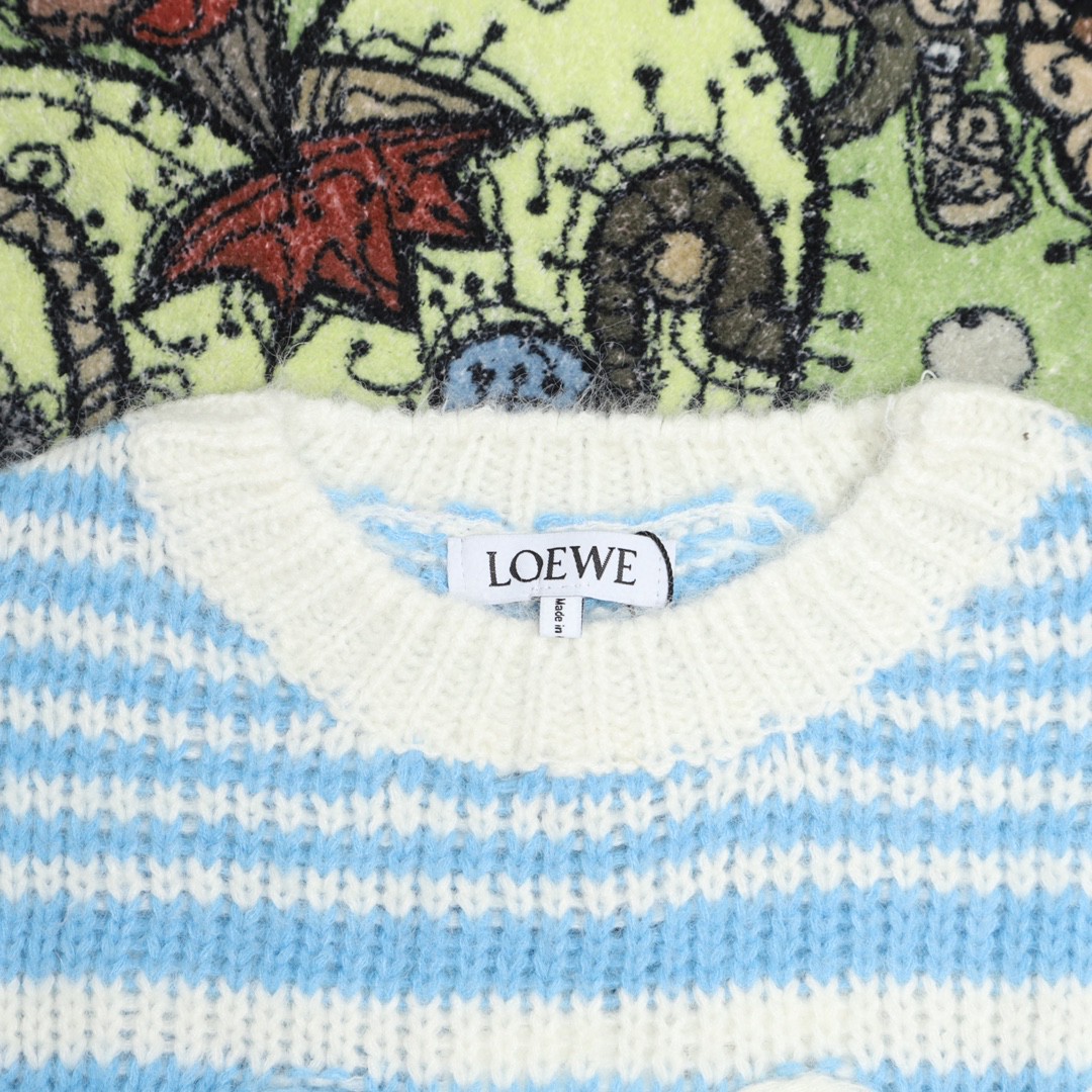 Loewe 罗意威 SS23 条纹编织图案毛衣 圆领 长袖 秋冬 蓝色 S359Y14KCS-2105