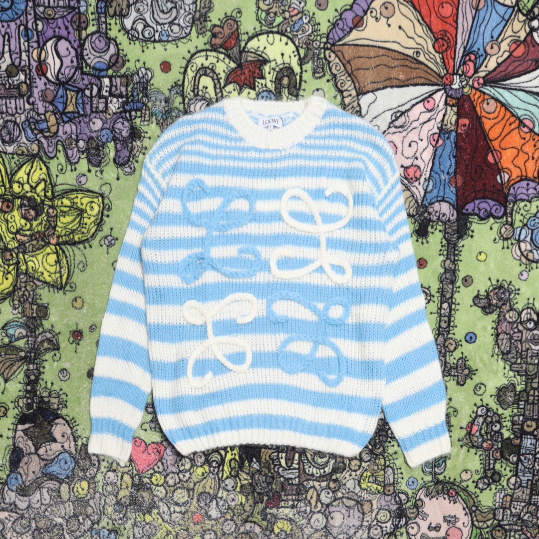 Loewe 罗意威 SS23 条纹编织图案毛衣 圆领 长袖 秋冬 蓝色 S359Y14KCS-2105