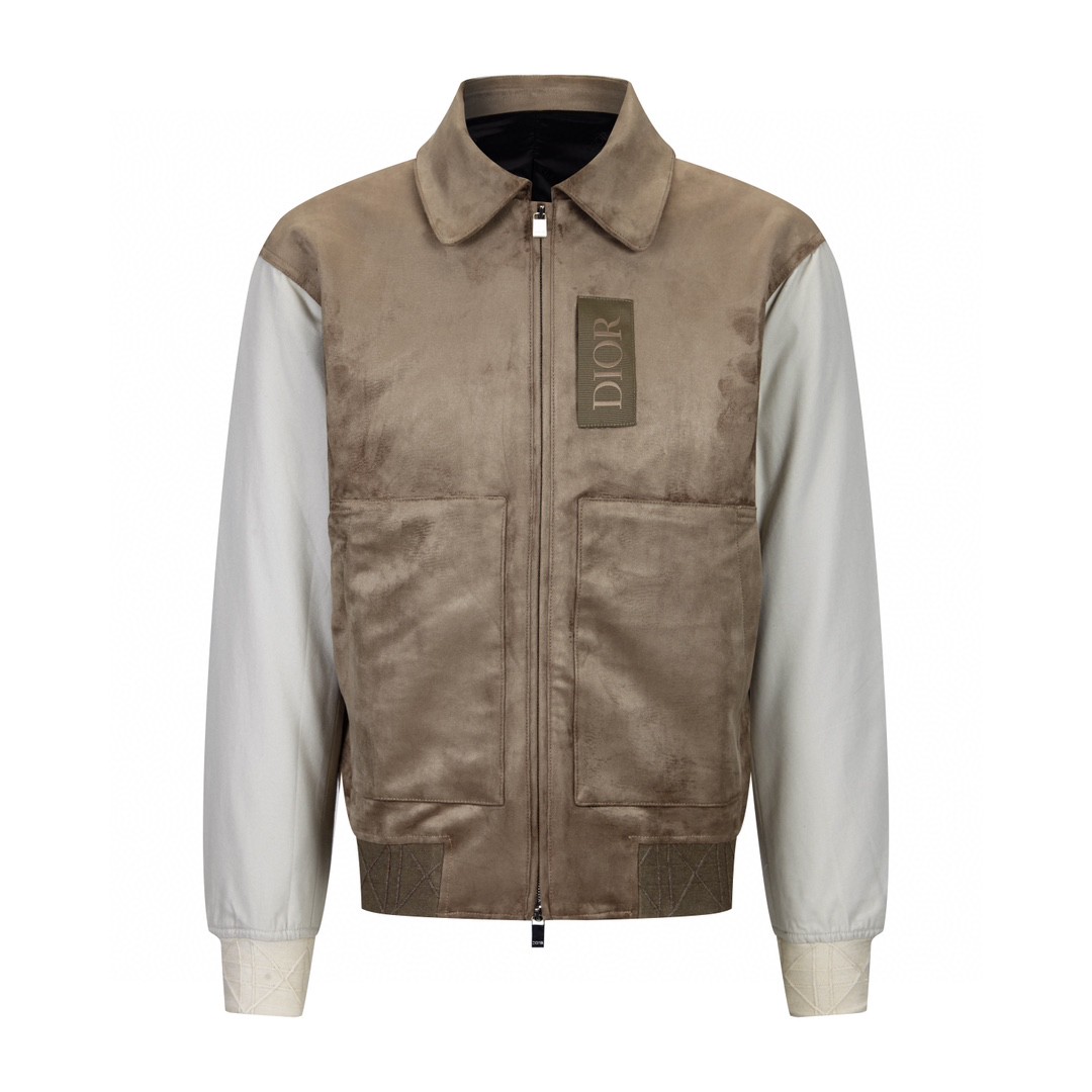 DIOR 迪奥 拼色袖翻领拉链牛皮夹克 麂皮 外套 长袖 秋冬款 棕色 383L419C0686-C188