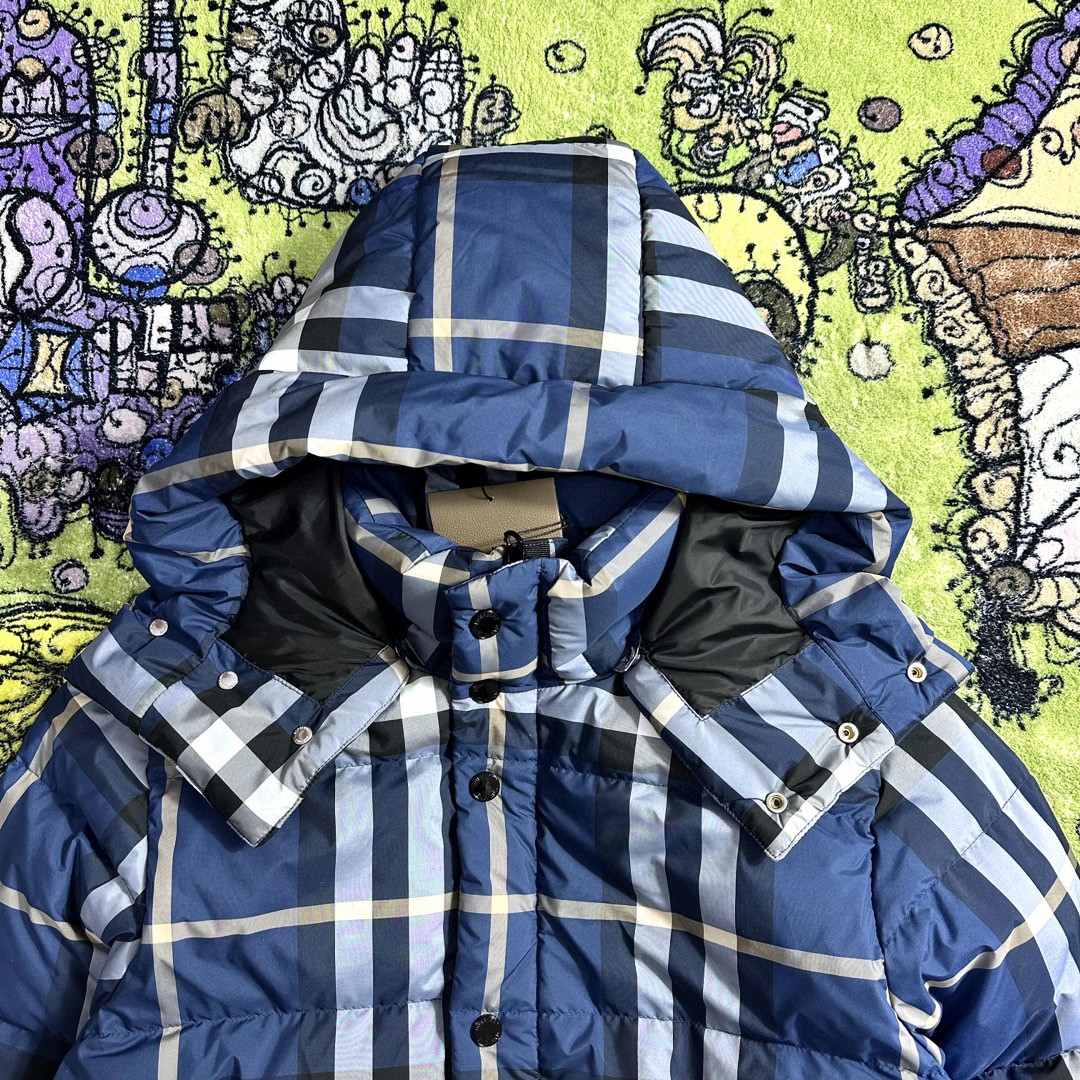 Burberry 巴宝莉 蓝色格纹连帽羽绒服 夹克 长袖 外套 冬款 蓝色