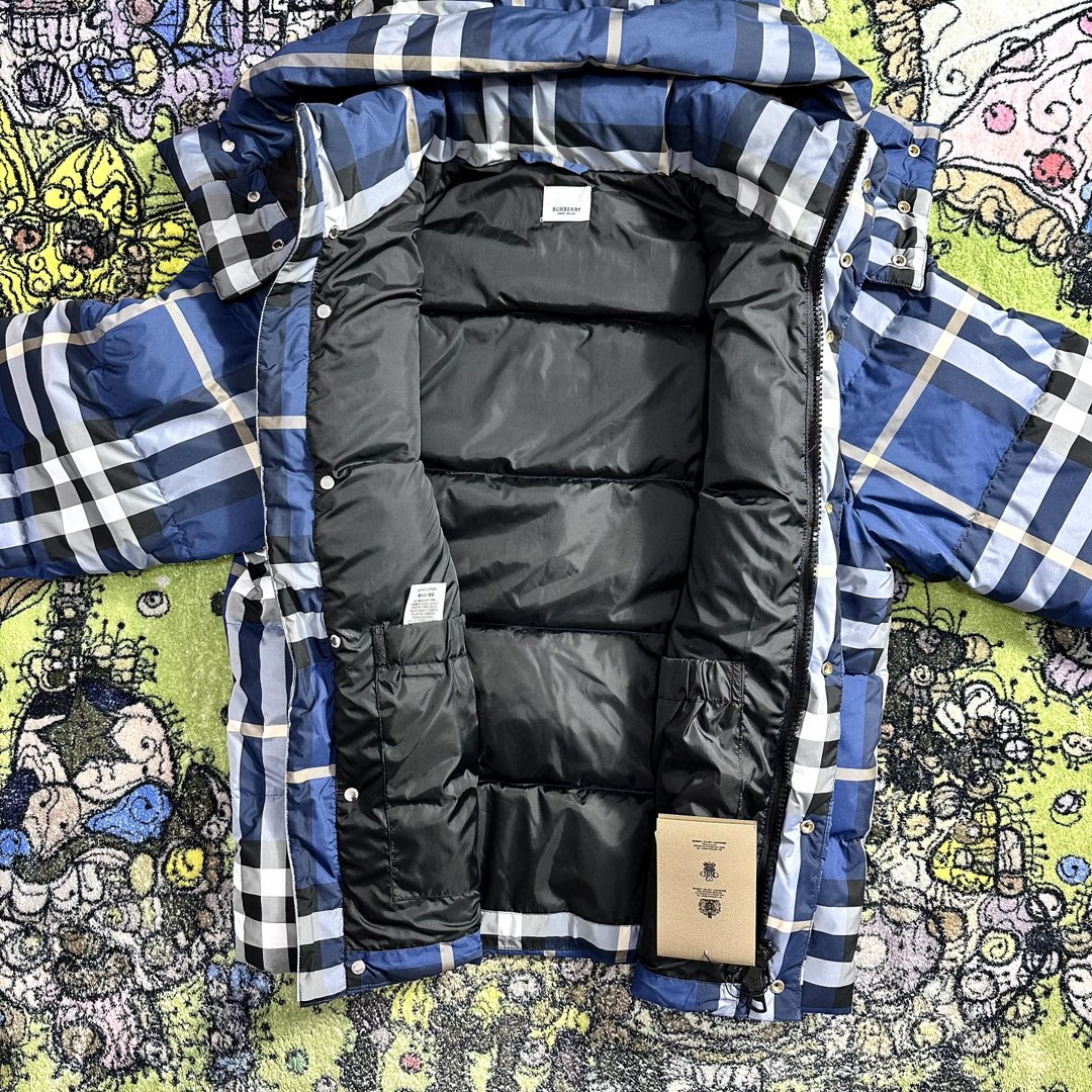Burberry 巴宝莉 蓝色格纹连帽羽绒服 夹克 长袖 外套 冬款 蓝色