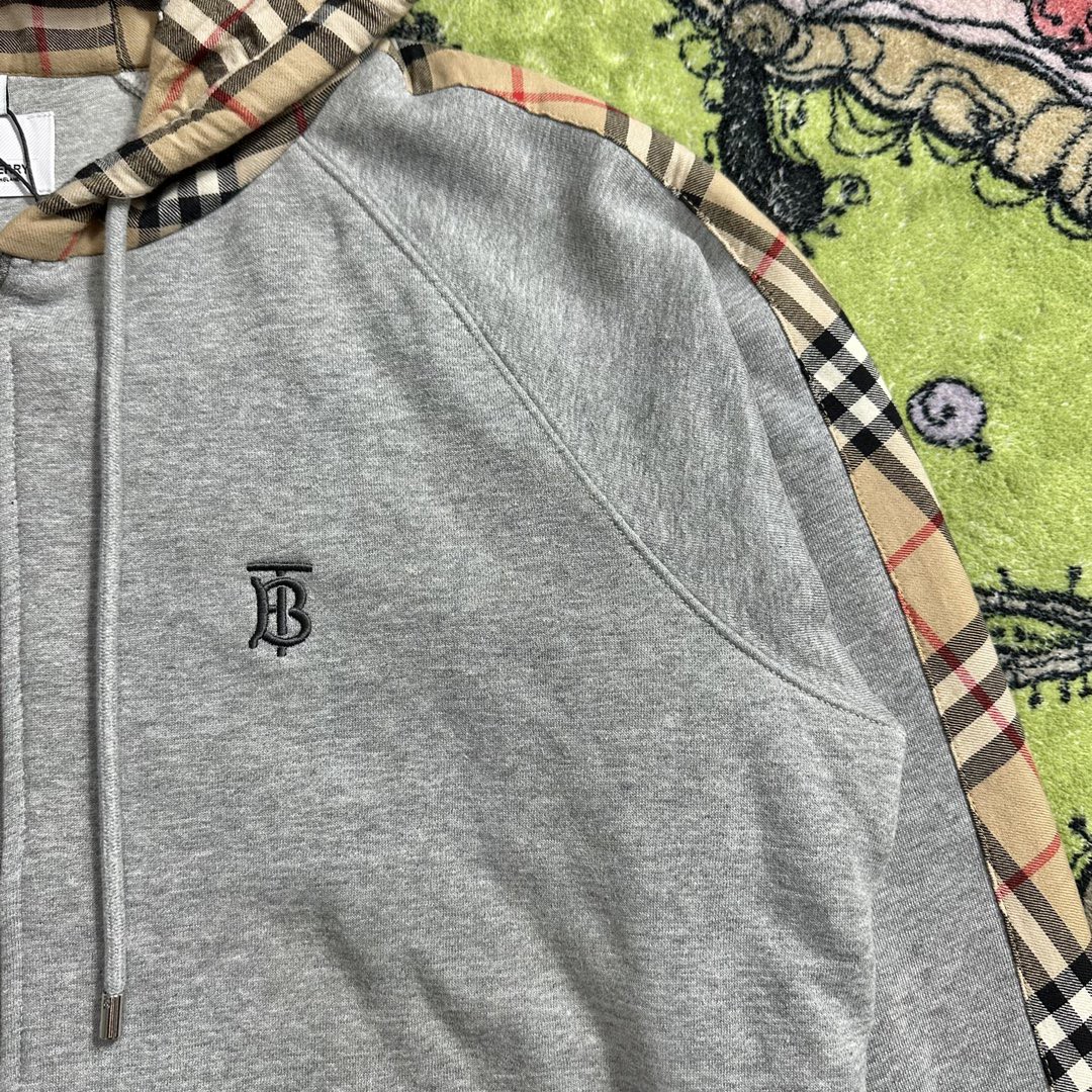 Burberry 巴宝莉 战马刺绣图案拼接格纹拉链连帽卫衣 秋冬卫衣 外套 长袖 男女同款 灰色 80134941