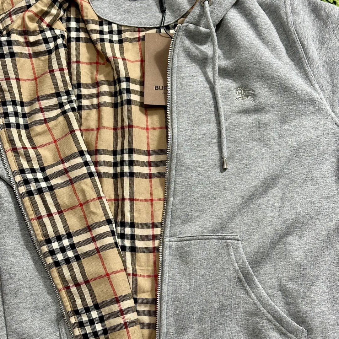 Burberry 巴宝莉 战马刺绣图案拼接格纹拉链连帽卫衣 秋冬卫衣 外套 长袖 男女同款 灰色 40155601