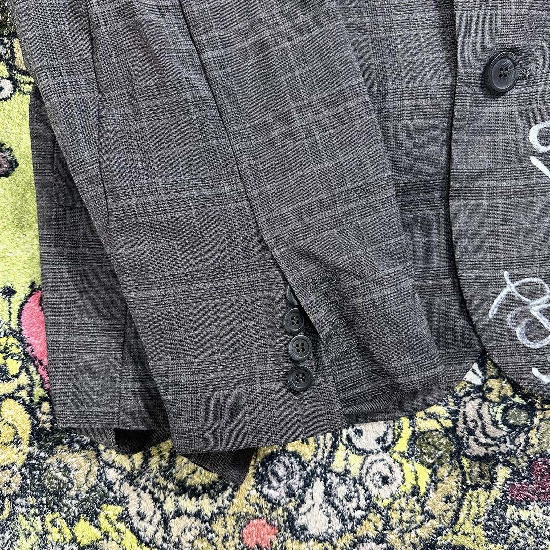 Balenciaga 巴黎世家 SS23 涂鸦印花单排扣格纹西装外套 宽松 秋冬 灰色 739591TOT071240