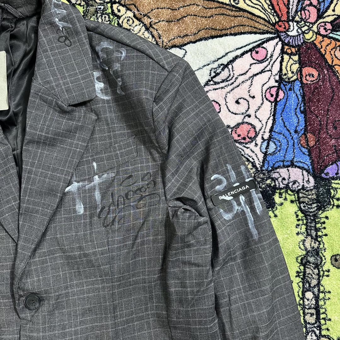 Balenciaga 巴黎世家 SS23 涂鸦印花单排扣格纹西装外套 宽松 秋冬 灰色 739591TOT071240