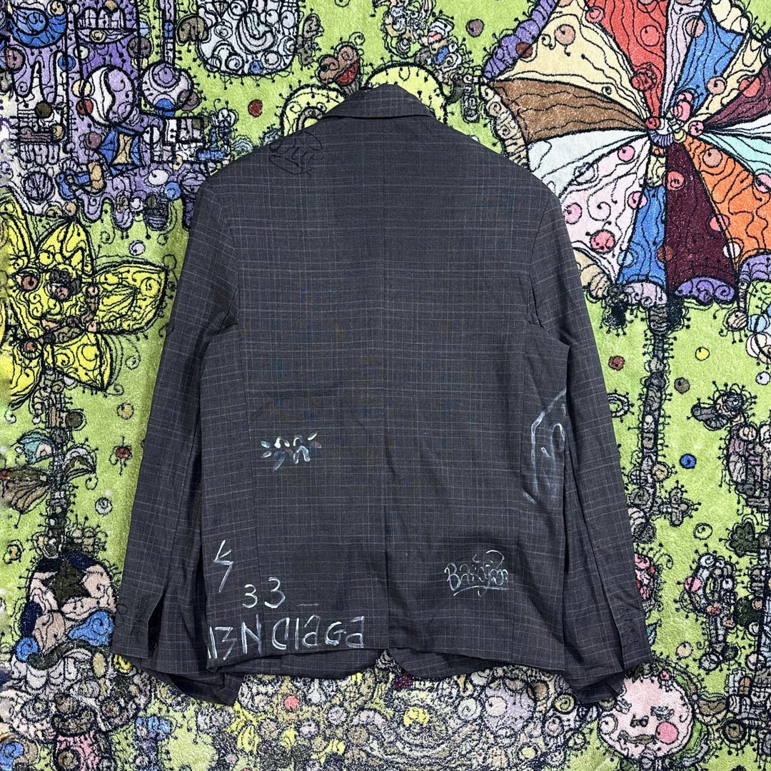 Balenciaga 巴黎世家 SS23 涂鸦印花单排扣格纹西装外套 宽松 秋冬 灰色 739591TOT071240