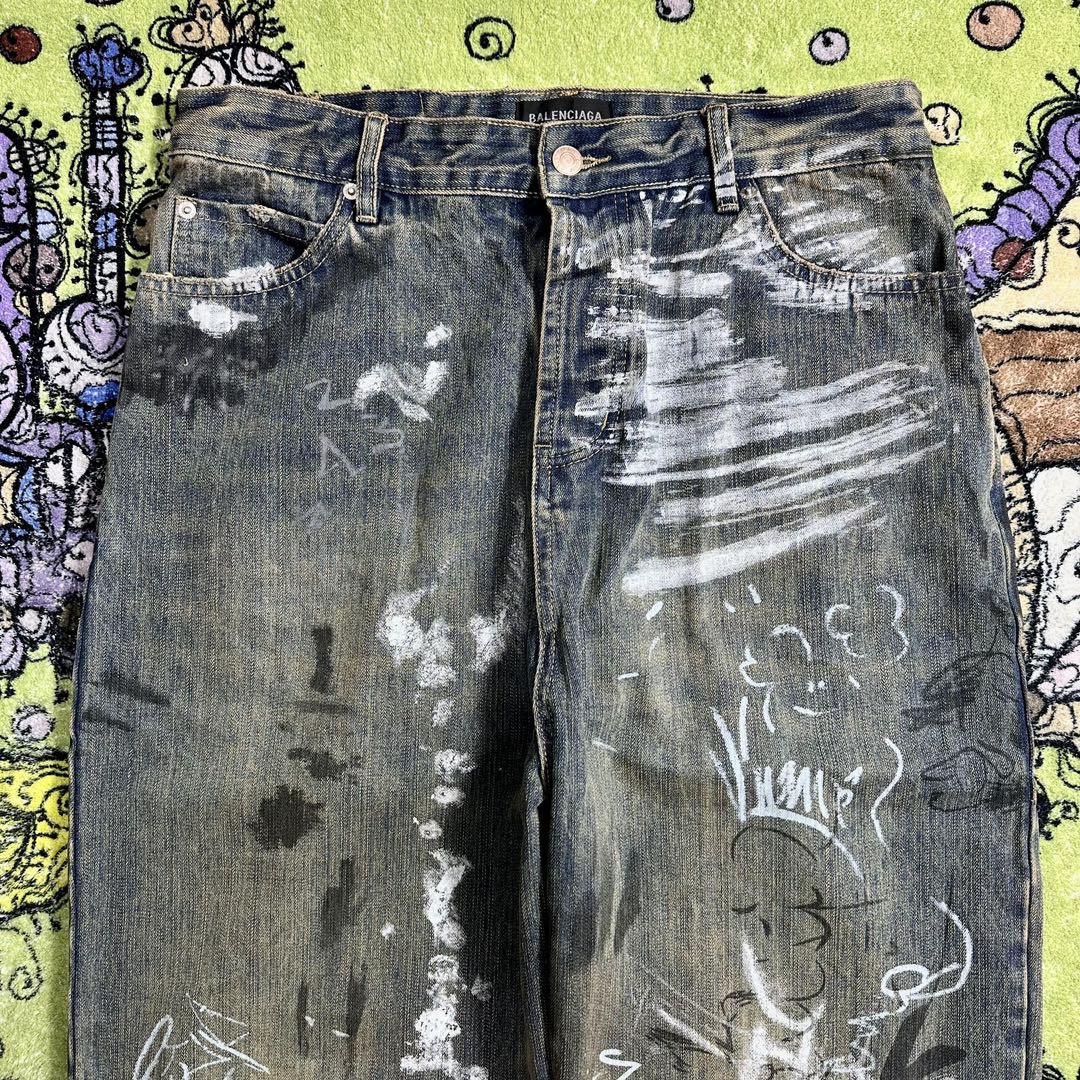 Balenciaga 巴黎世家 涂鸦手绘牛仔裤 长裤 蓝色 
