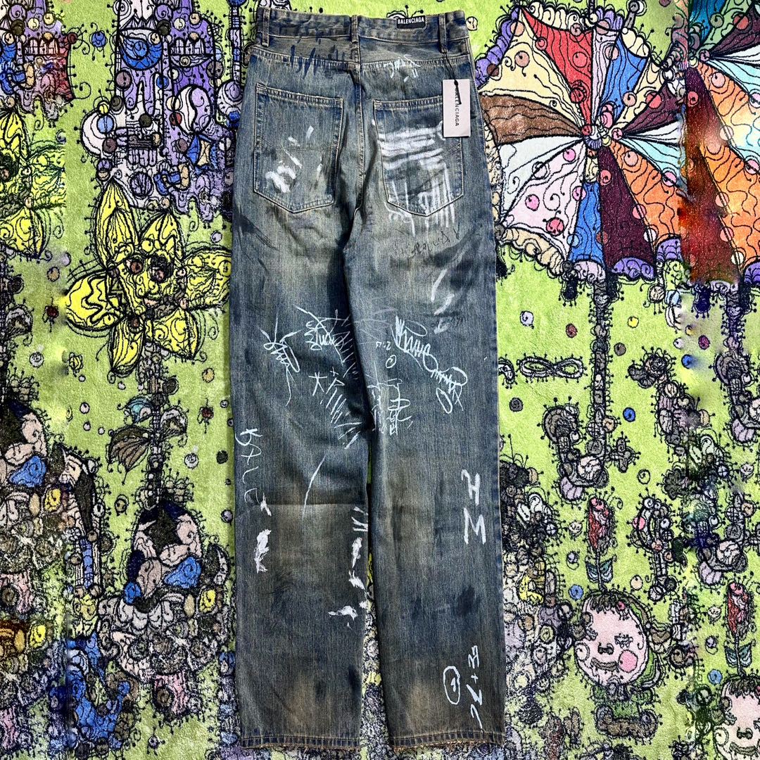 Balenciaga 巴黎世家 涂鸦手绘牛仔裤 长裤 蓝色 