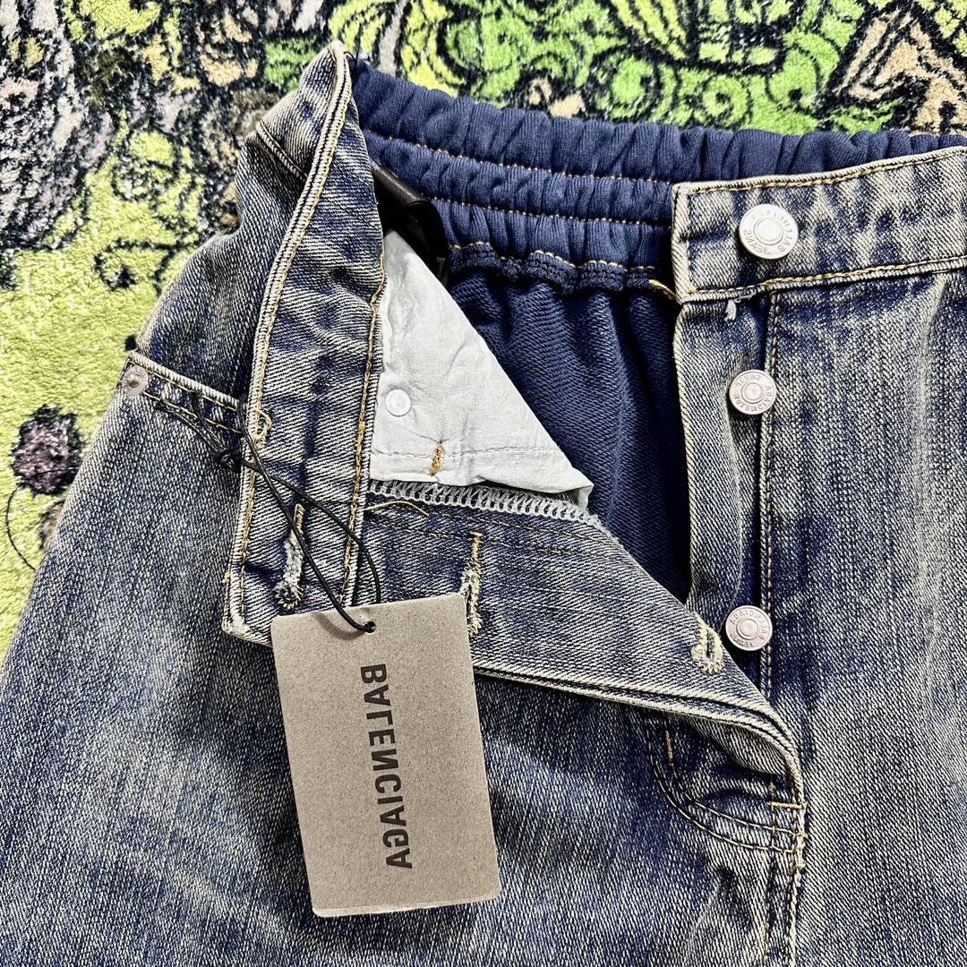 Balenciaga 巴黎世家 毛圈拼接牛仔裤 长裤 休闲裤 蓝色 