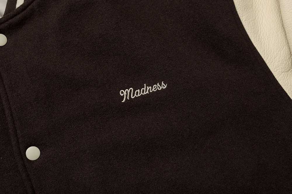 729#MADNESS 头层牛皮加羊毛拼接棒球服 夹克 长袖 外套 秋冬 男女同款 深咖色 