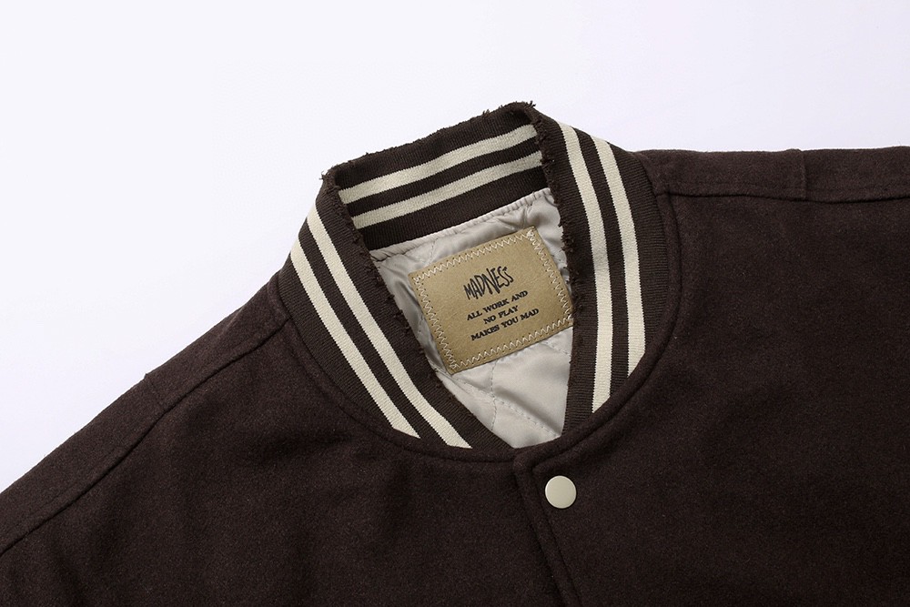 729#MADNESS 头层牛皮加羊毛拼接棒球服 夹克 长袖 外套 秋冬 男女同款 深咖色 