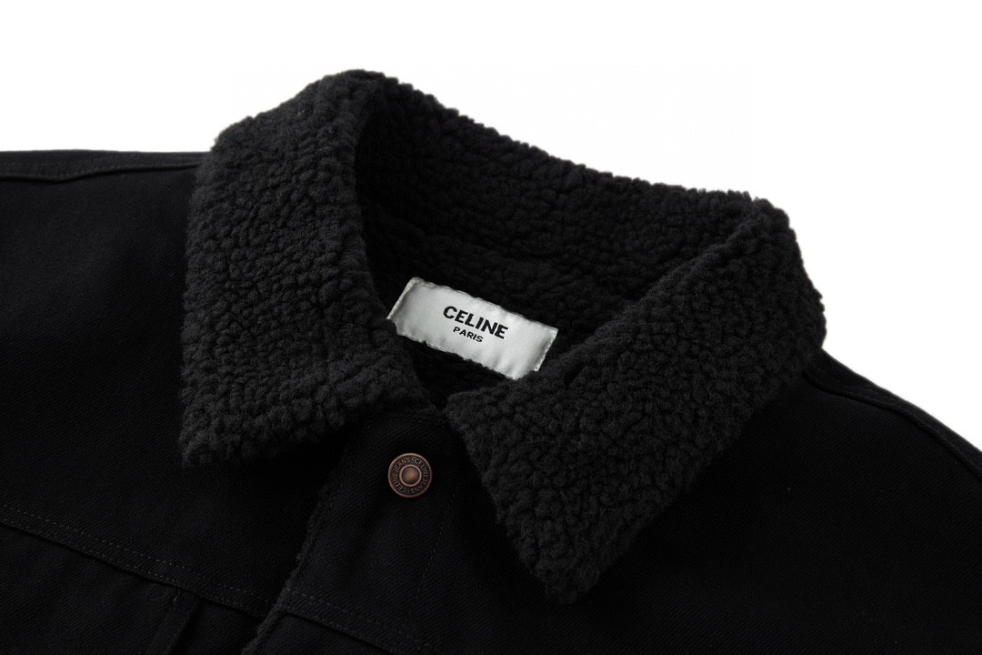 CELINE 赛琳 FW22 背后水钻字母logo羊羔毛牛仔外套 牛仔衣 长袖 外套 秋冬款 深灰色 2Q523085T-38TK