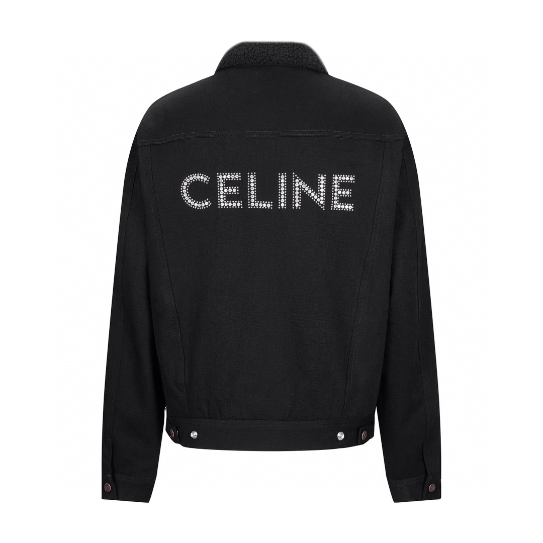 CELINE 赛琳 FW22 背后水钻字母logo羊羔毛牛仔外套 牛仔衣 长袖 外套 秋冬款 深灰色 2Q523085T-38TK