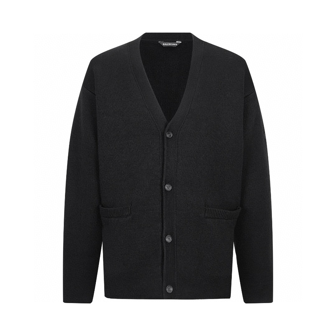 Balenciaga 巴黎世家 袖标V领羊毛开衫 针织衫 毛衣 长袖 黑色