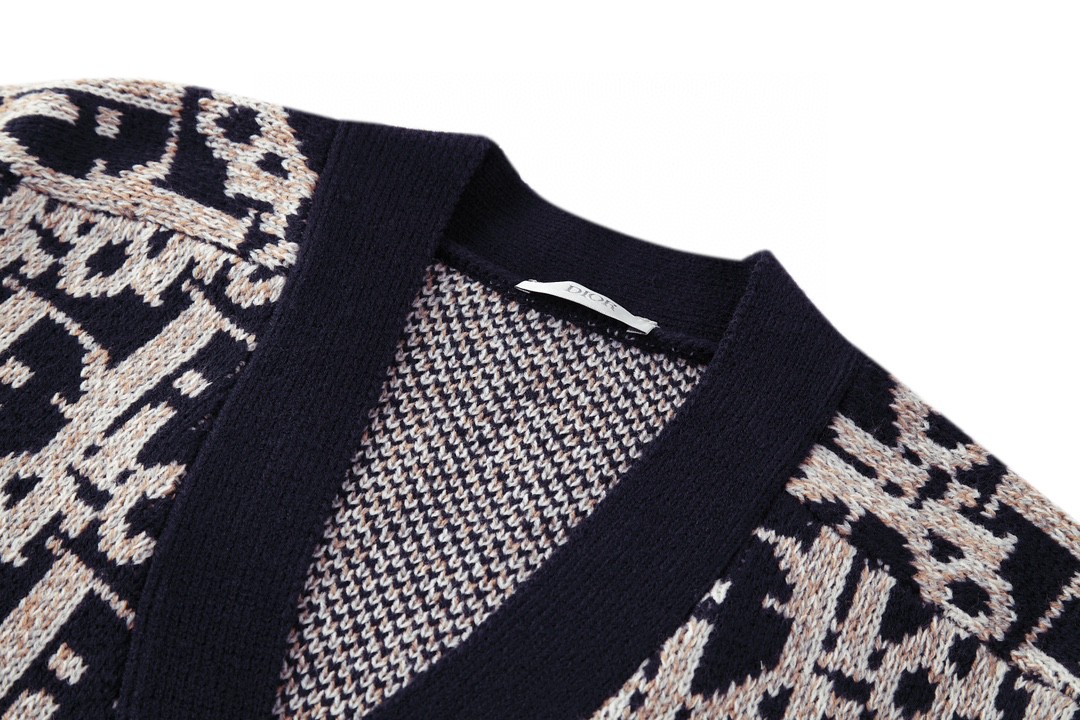 DIOR 迪奥 FW22 Logo图案满印V领针织衫 开衫 毛衣 长袖 海军蓝 213M233AT393-C581
