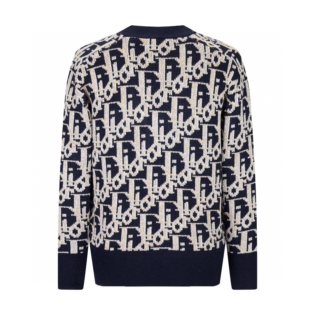 DIOR 迪奥 FW22 Logo图案满印V领针织衫 开衫 毛衣 长袖 海军蓝 213M233AT393-C581