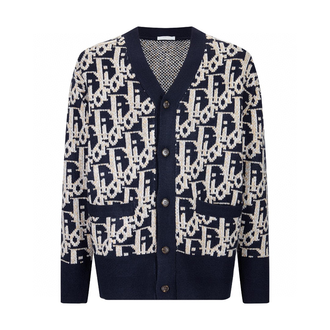 DIOR 迪奥 FW22 Logo图案满印V领针织衫 开衫 毛衣 长袖 海军蓝 213M233AT393-C581