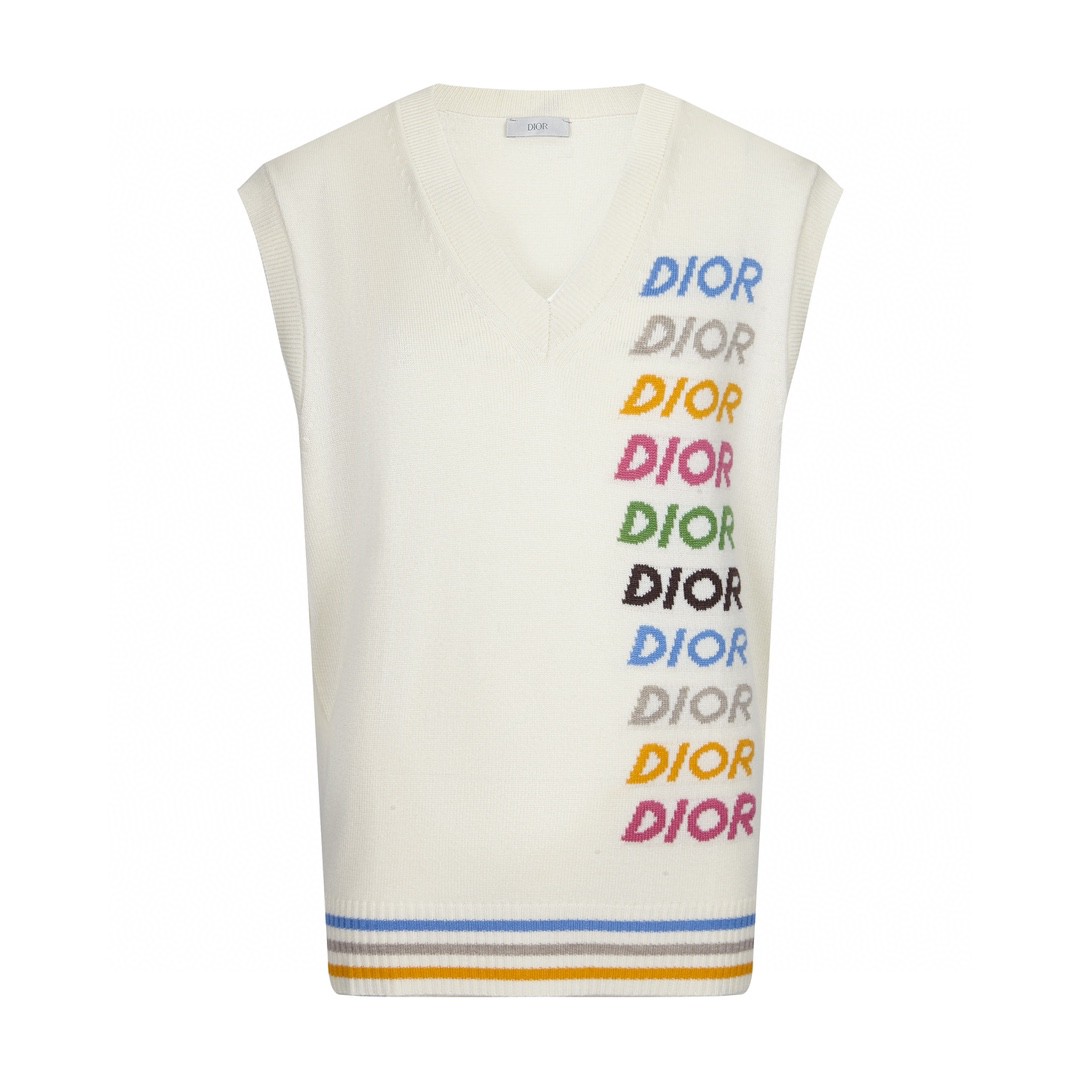 DIOR 迪奥 彩色logo字母V领毛衣 马甲 羊绒衫 套头 白色