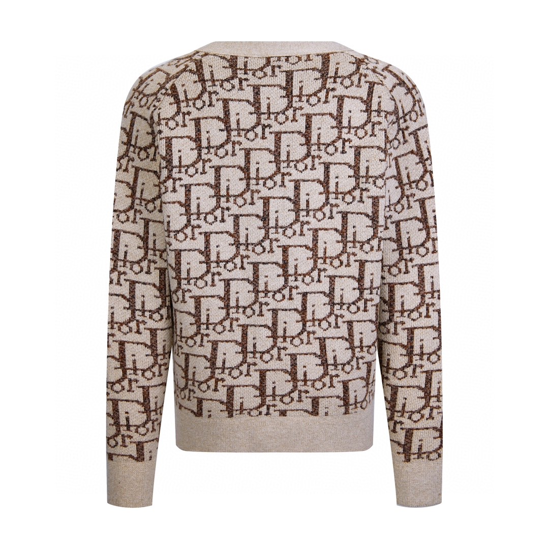 DIOR 迪奥 FW22 Logo图案满印V领针织衫 开衫 毛衣 长袖 棕色