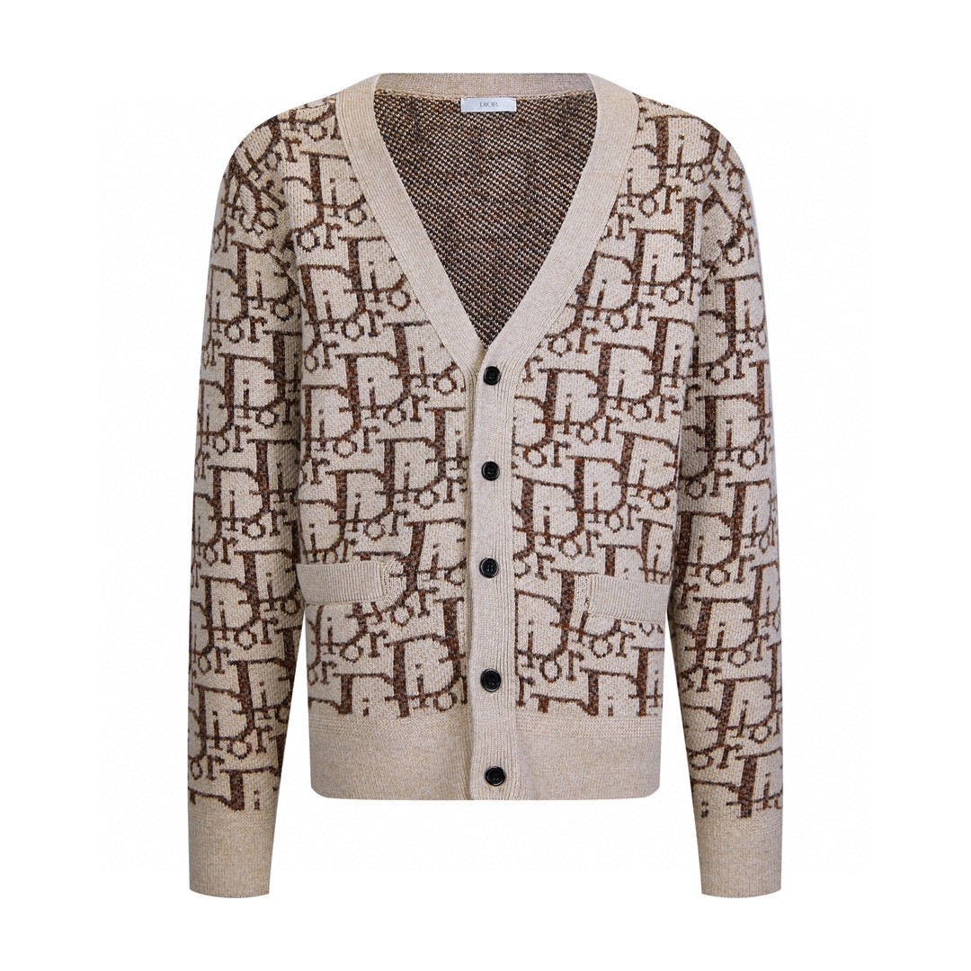 DIOR 迪奥 FW22 Logo图案满印V领针织衫 开衫 毛衣 长袖 棕色