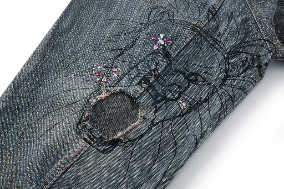 Balenciaga 巴黎世家 做旧水钻破洞涂鸦 牛仔外套 牛仔衣 夹克 秋冬 蓝色 721708TOW664036