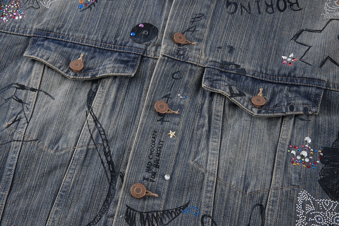 Balenciaga 巴黎世家 做旧水钻破洞涂鸦 牛仔外套 牛仔衣 夹克 秋冬 蓝色 721708TOW664036