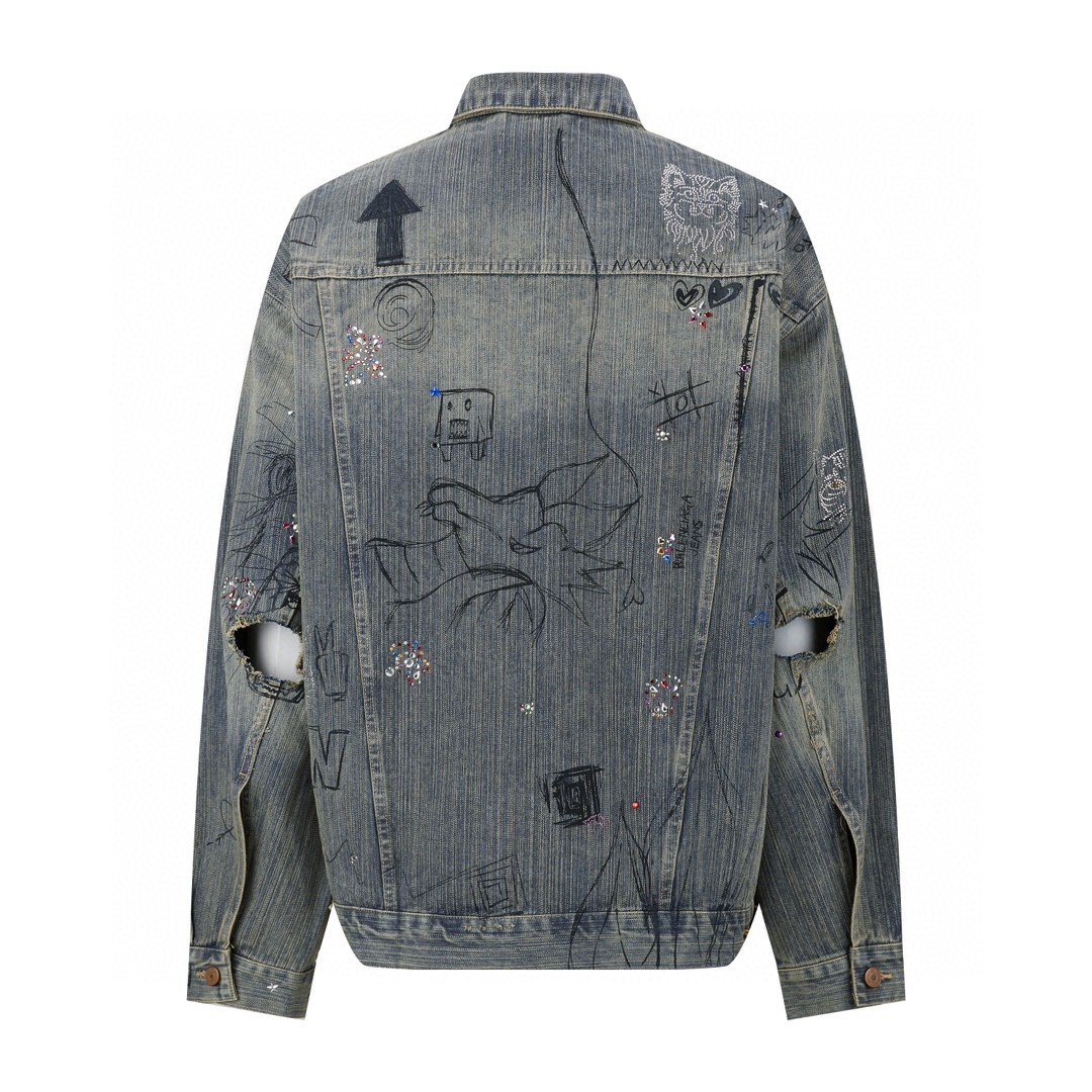 Balenciaga 巴黎世家 做旧水钻破洞涂鸦 牛仔外套 牛仔衣 夹克 秋冬 蓝色 721708TOW664036