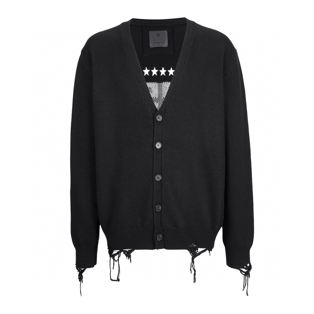 Givenchy 纪梵希 V领单排扣破洞羊毛开衫 毛衣 长袖 秋冬款 黑色 BM90NU4ZH6004