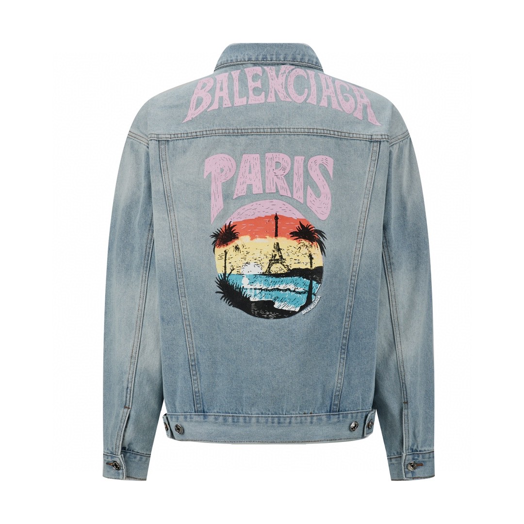 Balenciaga 巴黎世家 SS24 后背巴黎铁塔风景印花 牛仔外套 牛仔衣 夹克 秋冬 蓝色 773617TPW534868