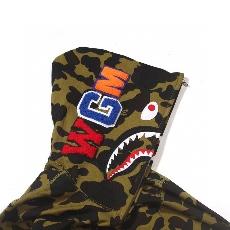 BAPE SS23 Color Camo Shark Full Zip Hoodie 彩色迷彩鲨鱼头 拉链连帽卫衣 秋冬卫衣  深灰色 红色 蓝色 紫色 黄色 绿色 1J20-115-003