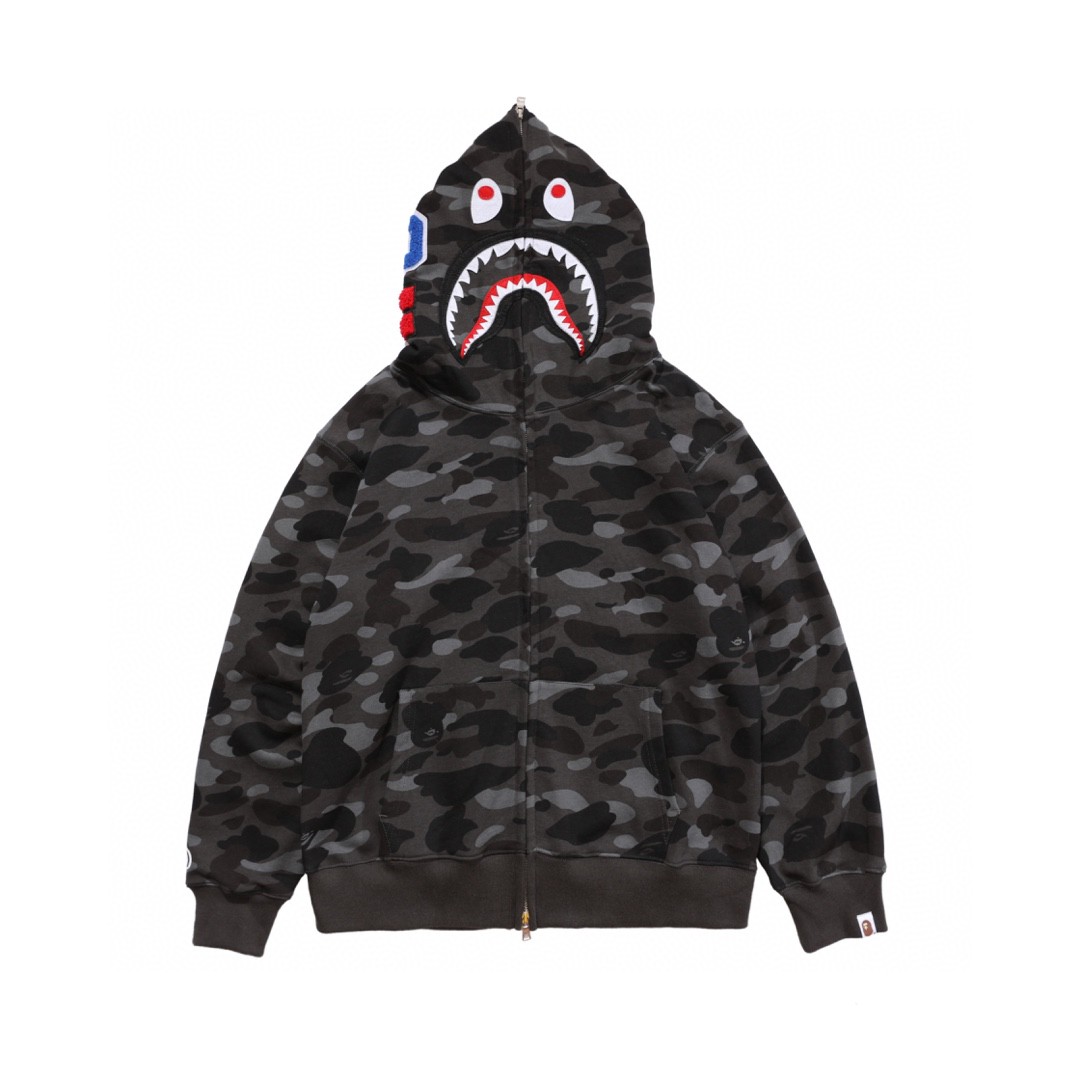 BAPE SS23 Color Camo Shark Full Zip Hoodie 彩色迷彩鲨鱼头 拉链连帽卫衣 秋冬卫衣  深灰色 红色 蓝色 紫色 黄色 绿色 1J20-115-003