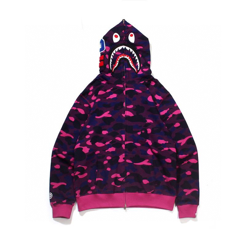 BAPE SS23 Color Camo Shark Full Zip Hoodie 彩色迷彩鲨鱼头 拉链连帽卫衣 秋冬卫衣  深灰色 红色 蓝色 紫色 黄色 绿色 1J20-115-003