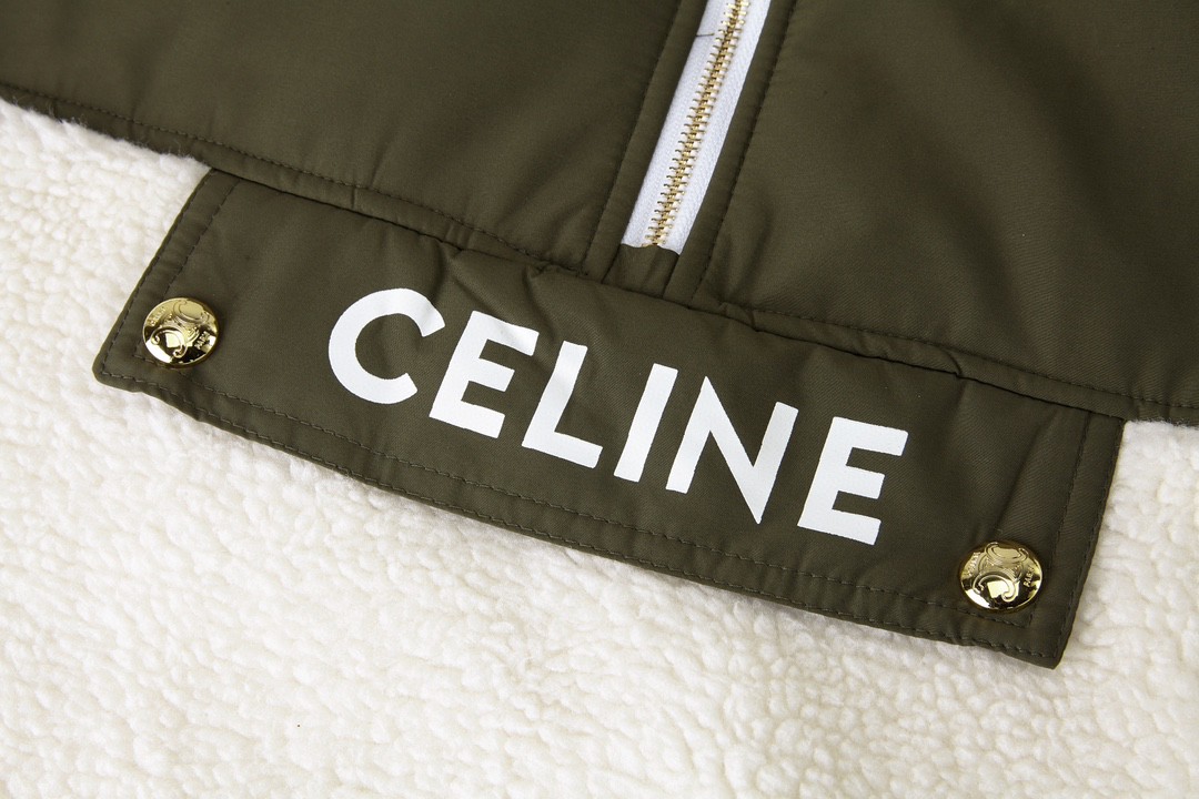 CELINE 赛琳 拼接logo字母 羊羔毛卫衣 夹克 外套 长袖 米白绿