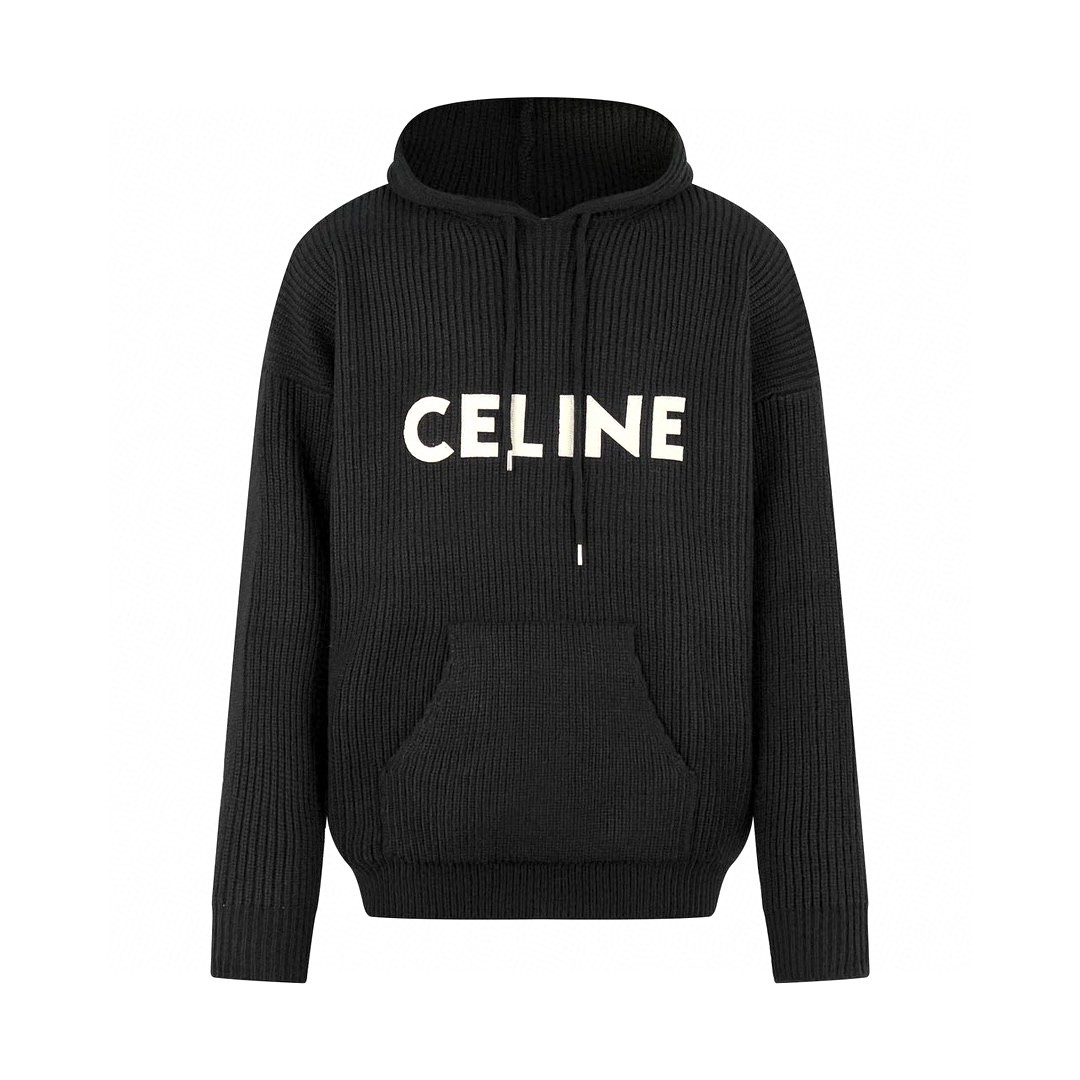 CELINE 赛琳 FW22 字母Logo印花针织毛衣 连帽卫衣 宽松 长袖 外套 黑色